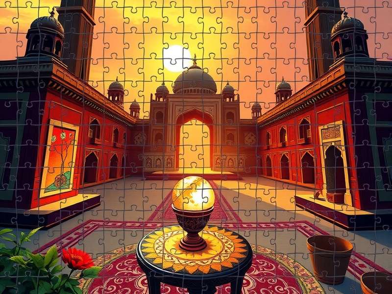 Person solving online jigsaw puzzle on tablet