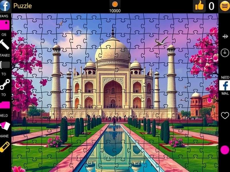 A person completing a beautiful jigsaw puzzle on a wooden table