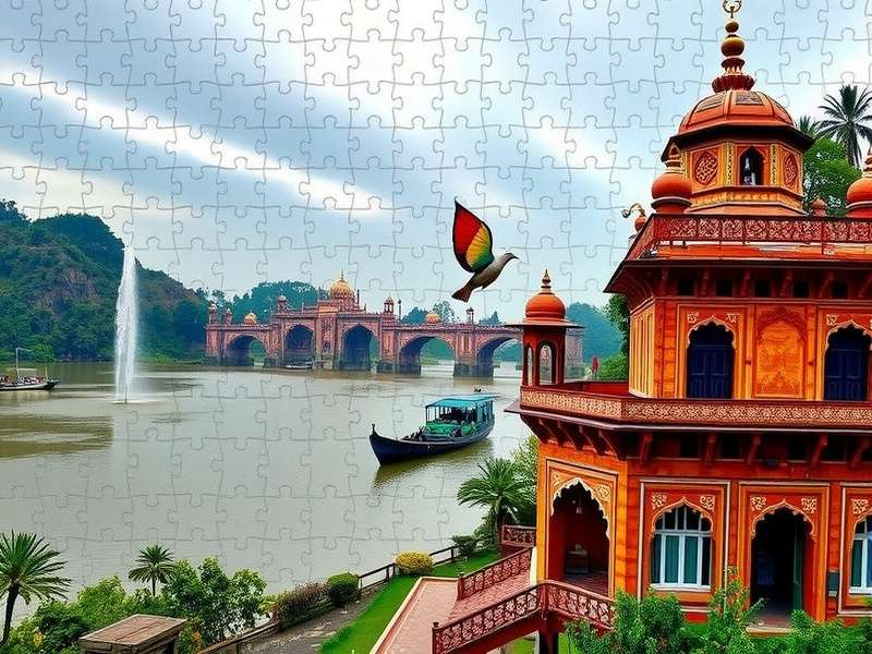 A vibrant collection of jigsaw puzzle pieces scattered on a wooden table