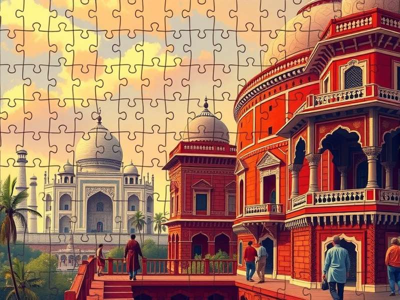 A vibrant and complex Bits and Pieces jigsaw puzzle partially completed on a wooden table