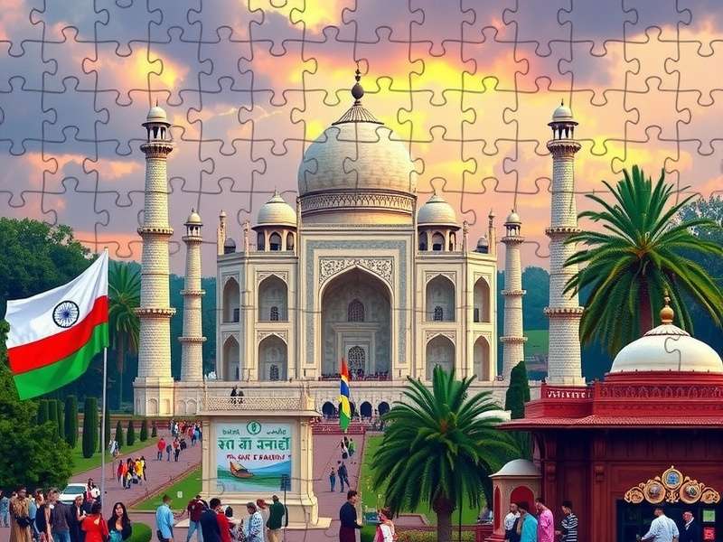 Person playing online jigsaw puzzle on tablet showing beautiful landscape image