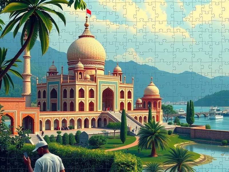 A vibrant 500 piece jigsaw puzzle partially completed on a wooden table