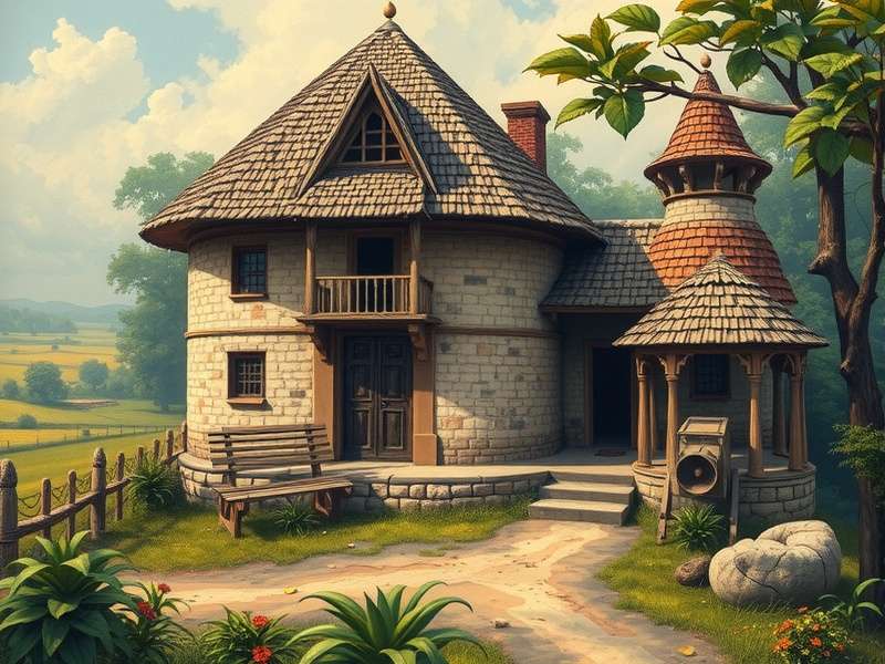 A serene old red farm house with a wooden porch and lush green fields