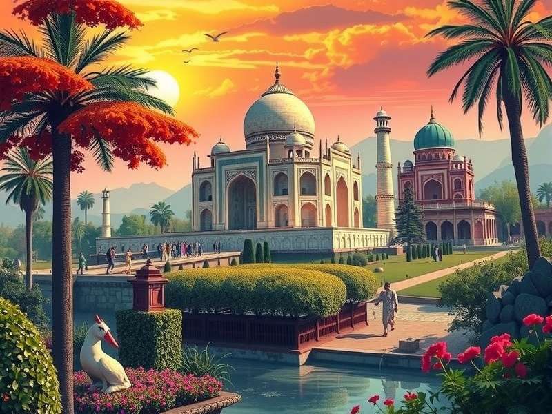 Complex jigsaw puzzle of Indian landscape with Taj Mahal partially completed