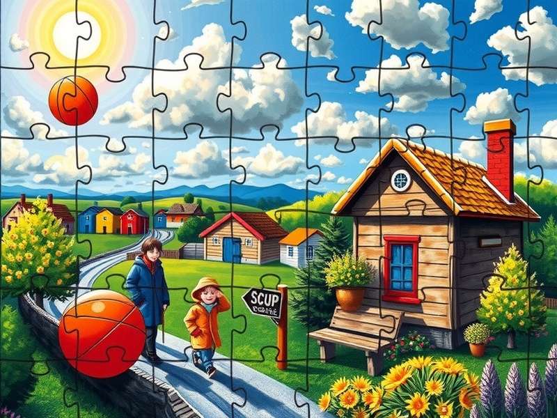 A vibrant, large-screen jigsaw puzzle on a tablet, showing a scenic landscape half-completed