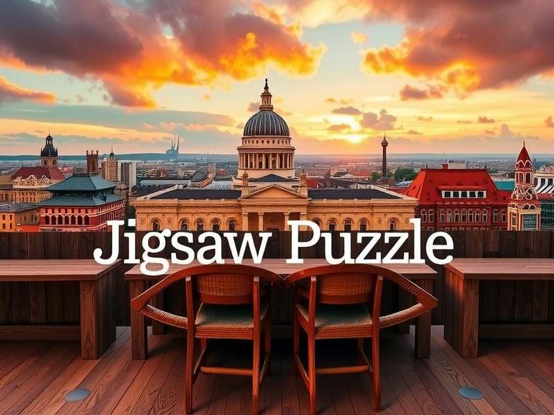 A modern wooden puzzle table with a partially completed jigsaw puzzle on it, set in a cozy living room.