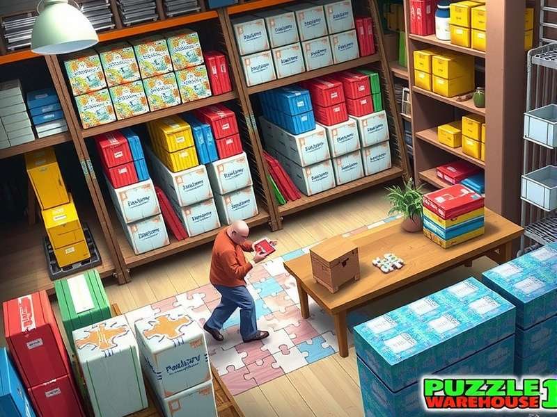A diverse collection of Puzzle Warehouse jigsaw puzzles spread out on a wooden table