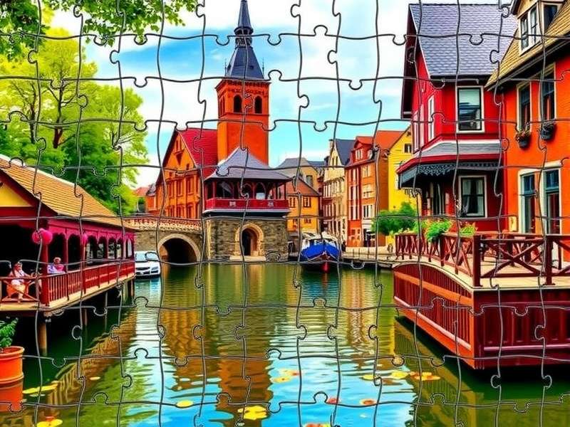 Hand interacting with a vibrant digital jigsaw puzzle on a tablet screen