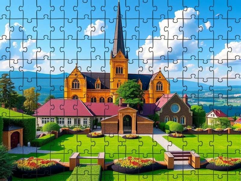 A person assembling a colorful jigsaw puzzle on a wooden table