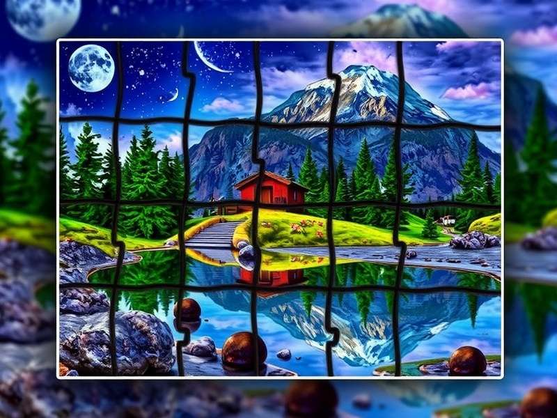 A vibrant collage of various jigsaw puzzles including classic landscapes, modern art, and 3D puzzles