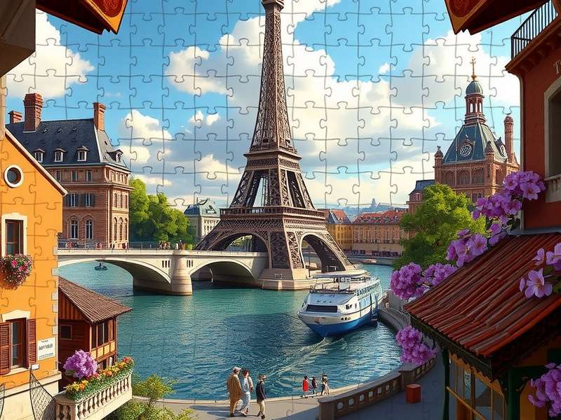 Colorful jigsaw puzzle pieces scattered on a wooden table