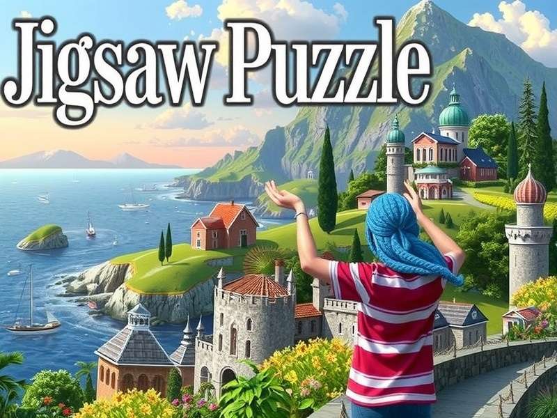 Colorful jigsaw puzzle pieces forming beautiful landscape