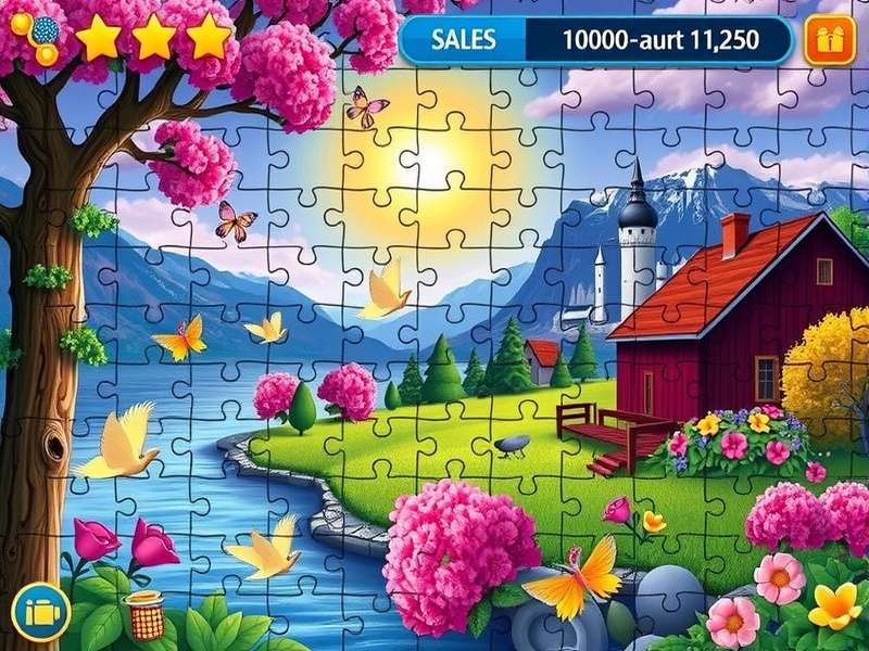 A vibrant collage of beautiful jigsaw puzzles being solved online on various devices