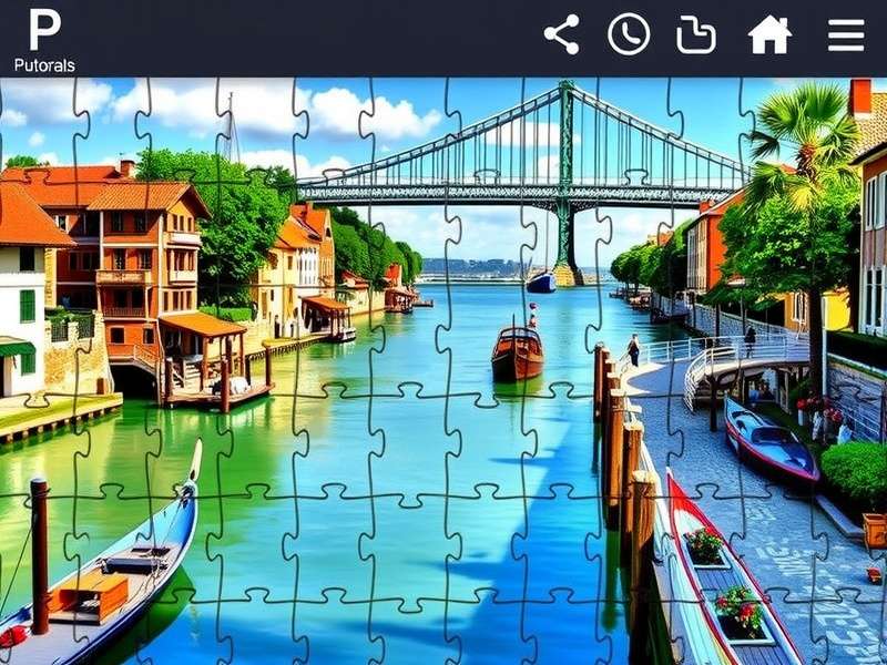 Colorful jigsaw puzzle pieces scattered on a wooden table