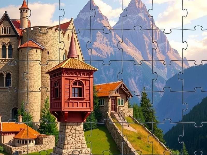 Colorful jigsaw puzzles arranged in creative patterns on wooden table