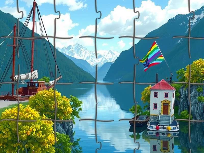 A diverse group of people collaboratively solving a large digital jigsaw puzzle on a tablet