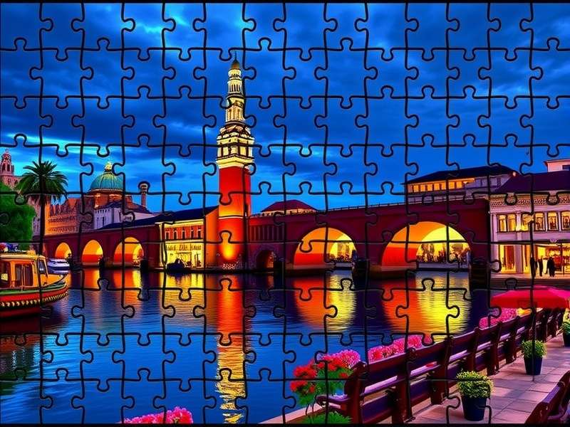 A person assembling a colorful digital jigsaw puzzle on a tablet