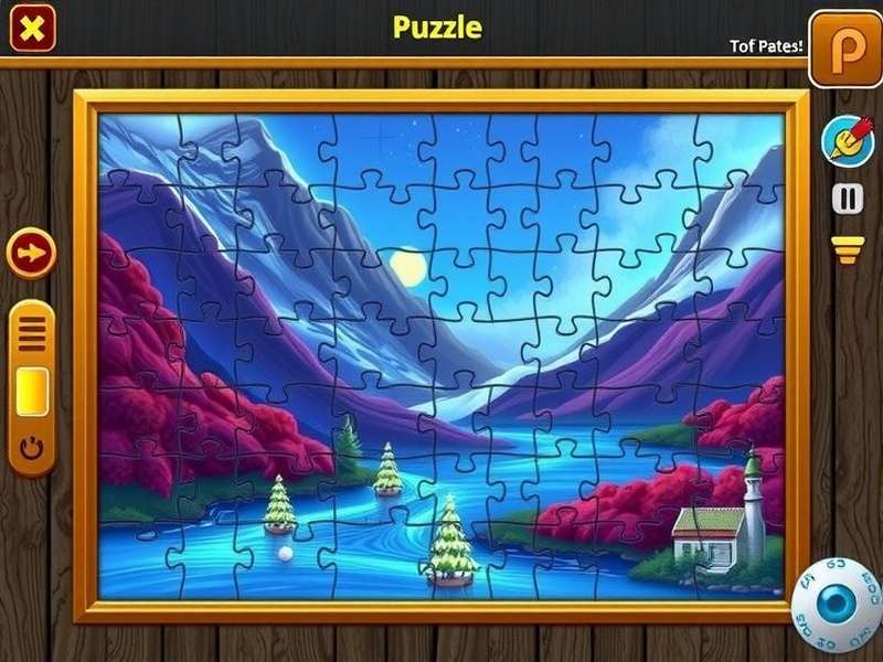 A vibrant digital jigsaw puzzle nearly completed on a tablet, showing a beautiful landscape