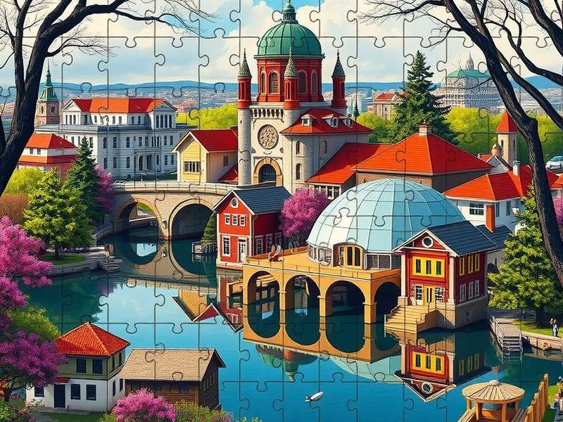 Jigsaw Puzzles Free Online 300 Piece – vibrant puzzle pieces scattered on a wooden table with a digital tablet showing a half-completed puzzle